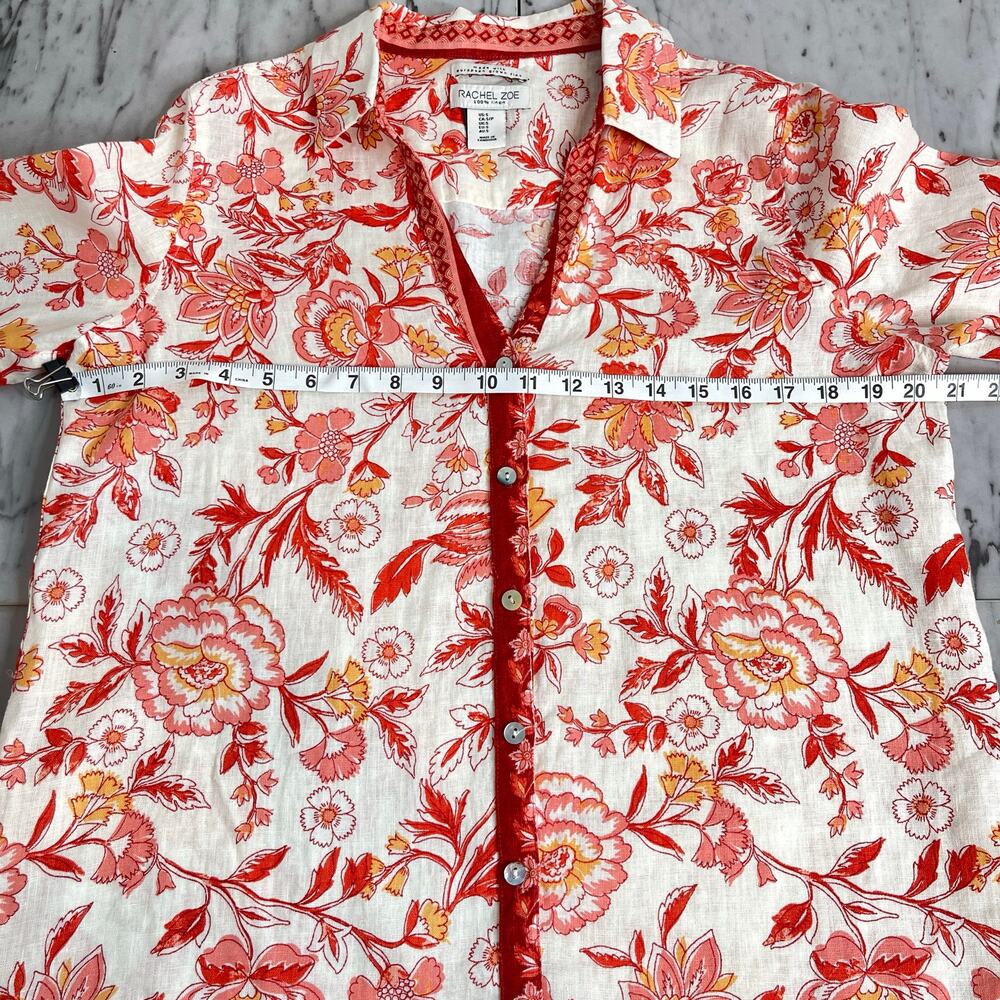 Rachel Zoe 100% Linen Floral Button Front Boho Shirt Top Small Red Salmon Coral - Picture 8 of 11
